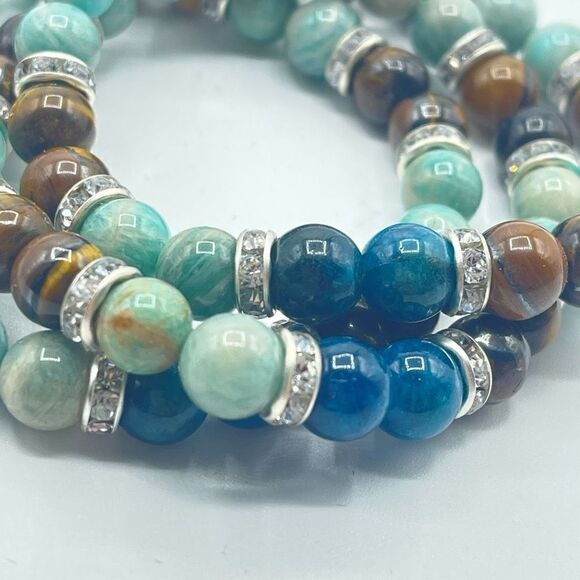 Rhinestone crystal Amazonite beaded stretch bracelet tigers eye apatite ONE NEW - Picture 8 of 8